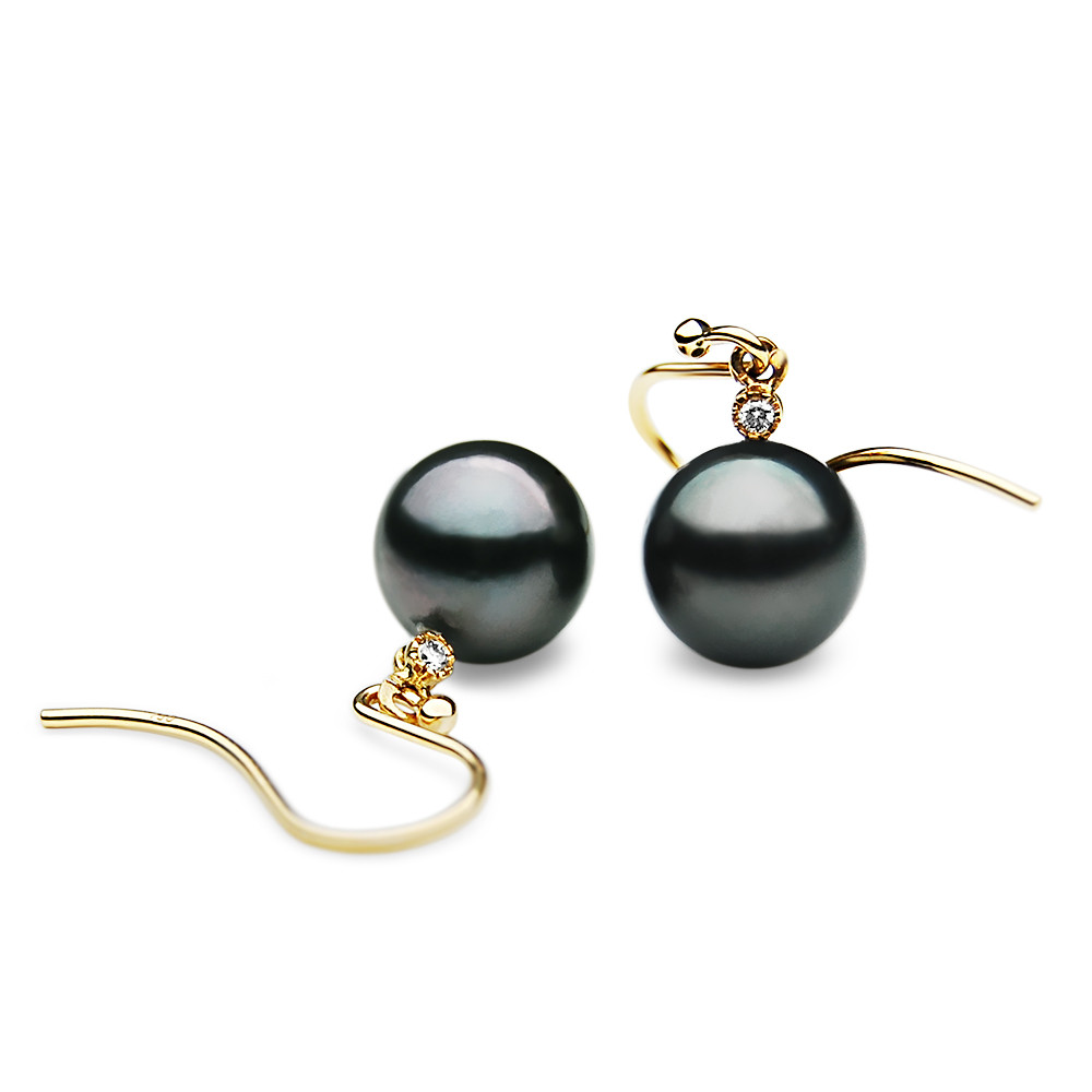 TE003P (AAA 11mm Tahitian Black Pearl Earrings Diamonds 18k Yellow Gold )