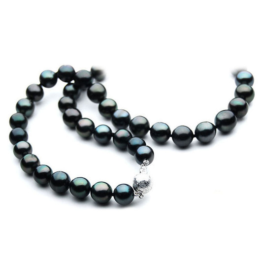 TN032 (AA 10-12mm Tahitian Black  Pearl Necklace 14k White gold clasp)