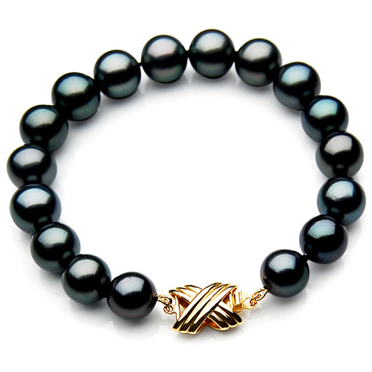 TB010 (AAA 9-11 mm Tahitian Black Pearl Bracelet 18k Yellow gold clasp 18cm )