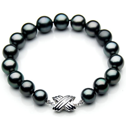 TB023 (AAA 10-12 mm Tahitian Black Pearl Bracelet 18k White gold clasp 21cm)