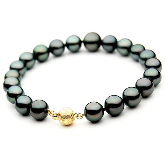 TB038 (AAA 9-11 mm Tahitian Black Pearl Bracelet  Yellow gold clasp 21cm )