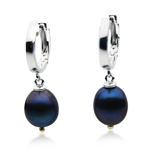 FEG14 (Drop 10x8 mm AAA Black Freshwater Cultured Pearl Earrings Set in Silver With 18k (750) Yellow Gold)