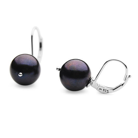 FE03P (AAA 11mm Black Freshwater Cultured Pearl Earrings Hoops in Silver with 18k White Gold Points )