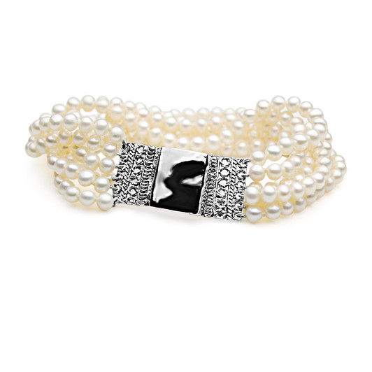 FB019-A (AAA 5 mm Multi-Strand White Freshwater Pearl Bracelet with Heavy Silver Clasp and Pendant Charm )