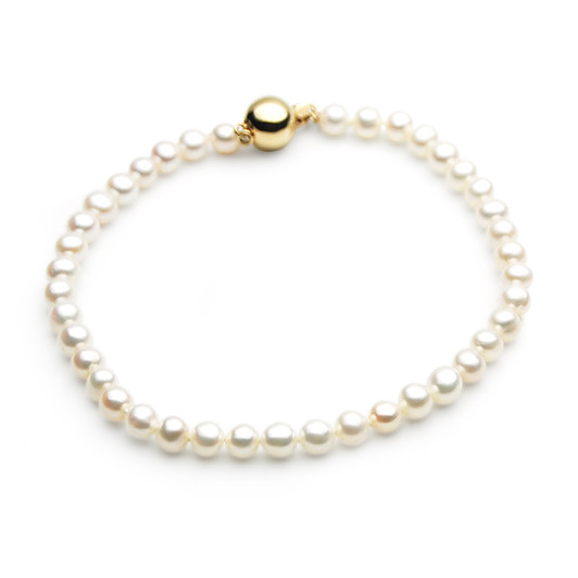 FB038 (AAA 5 mm White Freshwater Pearl Bracelet 14k Yellow gold clasp, 8.5" long )