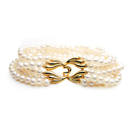 FB019-F (AAA 5 mm Multi-Strand White Freshwater Pearl Bracelet w/ Heavy 18K Gold Plated Silver Clasp )