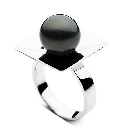 TR008S ( AAA 11 mm Tahitian Black Pearl Ring in Heavy Silver )