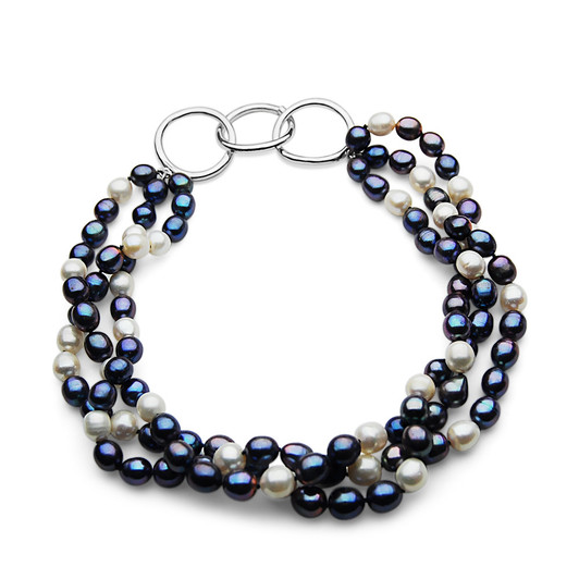 FN063 ( Three Strand 9-11mm AAA White And Black Drop Freshwater Cultured Pearl Necklace With Large Silver Clasp )