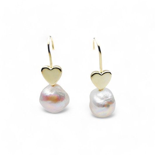 FPE04 Stunning White 15mm Baroque Pearl Drop Earrings Silver with 18k Gold Plated Heart Hooks for Your Loved One