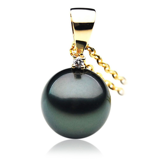 TP056 (AAA 13mm Tahitian Black pearl Pendant and Diamonds in 18k Gold)