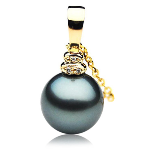 TP058 (AAA 13mm Tahitian Black pearl Pendant and Diamonds in 18k Gold)