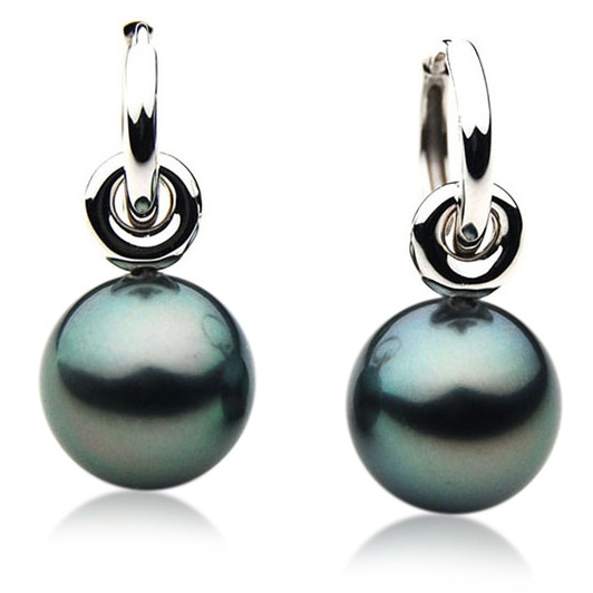 TE045 (AAA 12mm Tahitian Black Pearl Earrings In 18k White Gold )