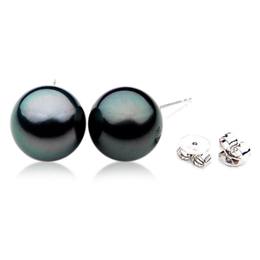 TE073 (AAA 13mm Tahitian Black Pearl Earrings  In 18k White Gold )