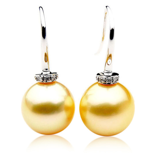 GE085 (AAA 13mm Australian Golden South Sea Pearl Earrings and Diamond )