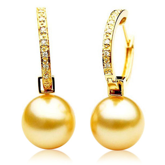 GE092 (AAA 13mm Australian Golden South Sea Pearl Earrings and Diamond )