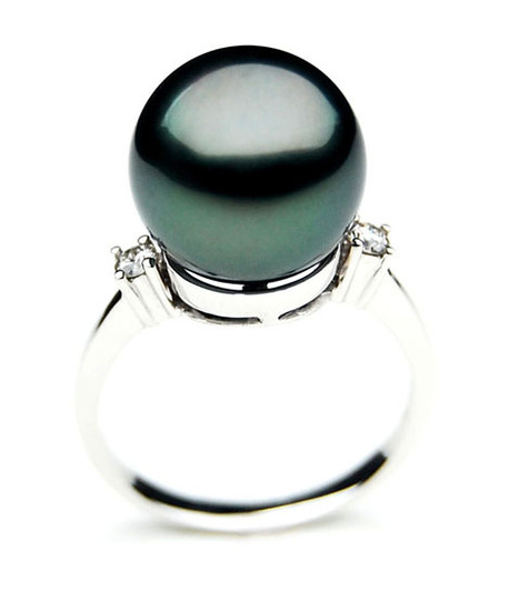 TR027 (AAA 12mm  Tahitian Black pearl diamond ring 18k White Gold)