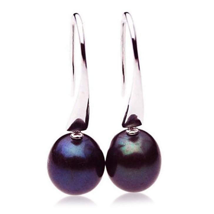 FE016  (AAA 11mm Drop Black Freshwater Cultured Pearl  Earrings )