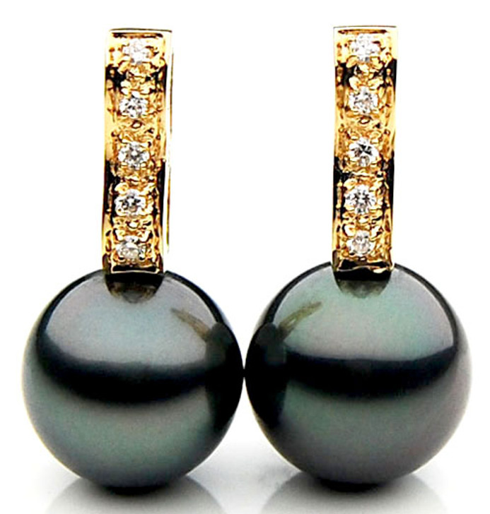 TE054b (AAA 12mm Tahitian Black Pearl Diamond Earrings 18k  Gold )