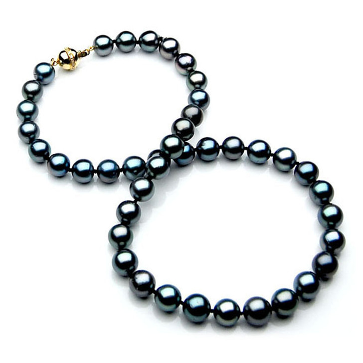 TN002 (AAA 9-11 mm Tahitian Black  Pearl Necklace 18k Yellow gold Diamond  clasp )