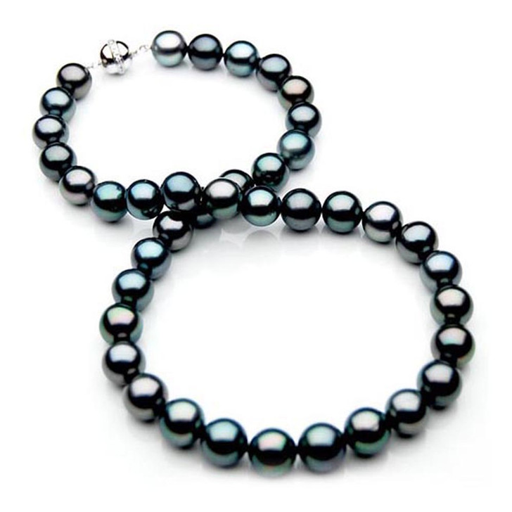 TN011 (AAA 10-12 mm Tahitian Black  Pearl Necklace W gold Diamond clasp )