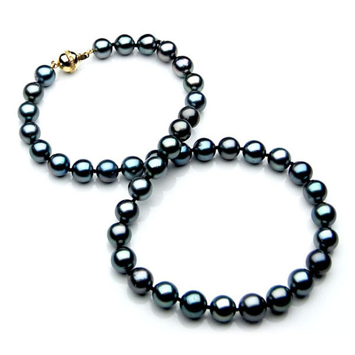 TN012 (AAA 10-12 mm Tahitian Black  Pearl Necklace gold Diamond  clasp )