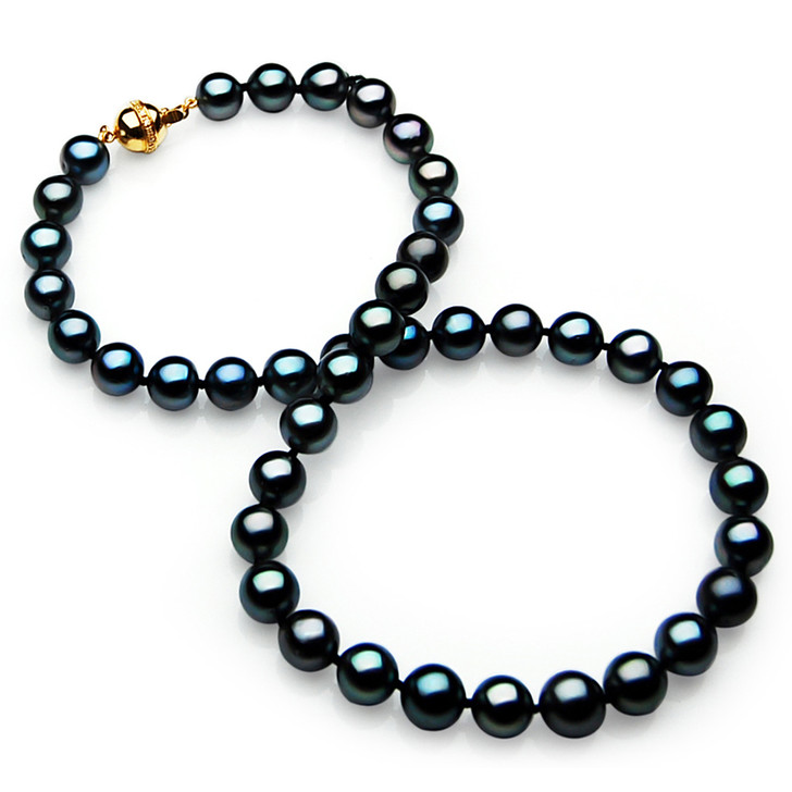 TN022 (AAA 11-13mm Tahitian Black  Pearl Necklace  gold Diamond  clasp)