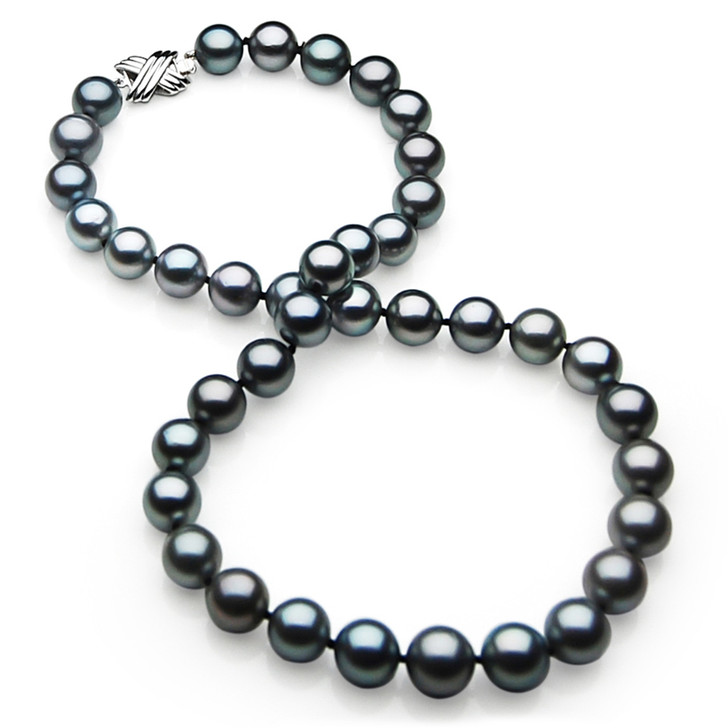 TN025 (AAA 11-13mm Tahitian Black  Pearl Necklace  14k White gold clasp)