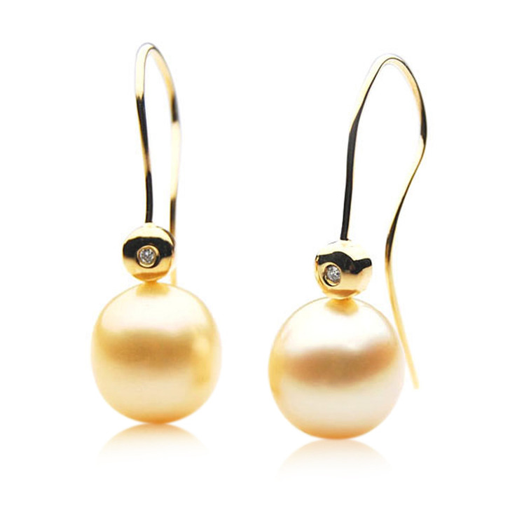 GE106 (AA+ 14mm Drop Australian Golden South Sea Pearl Earrings  Diamonds )