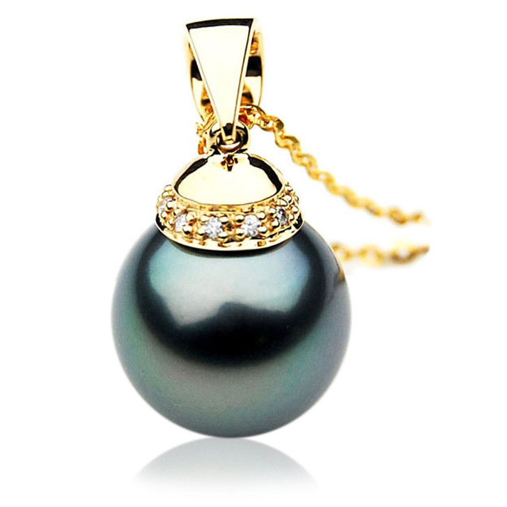 TP044b (AAA 12mm Tahitian Black pearl Pendant and Diamonds in 18k Gold)