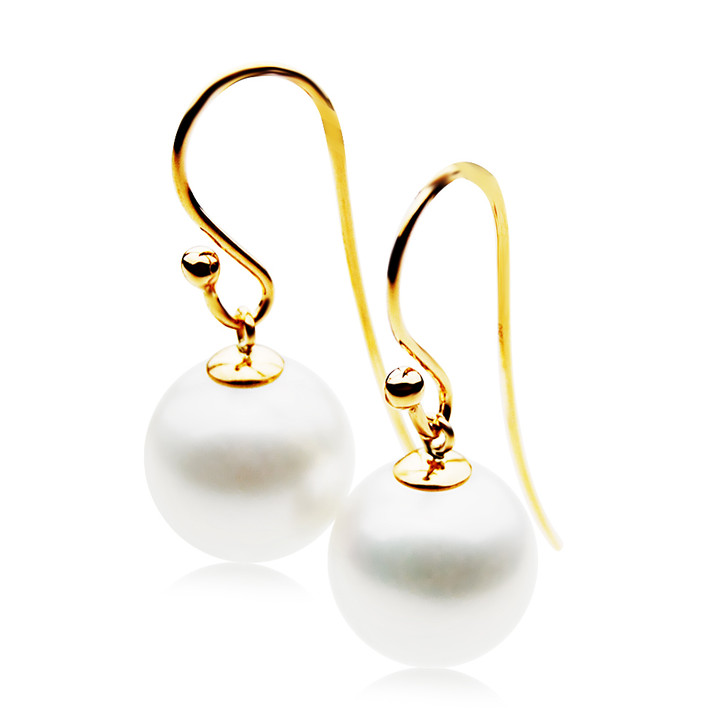 FE024 (AAA 11mm White Freshwater Cultured Pearl Earrings Yellow Gold )