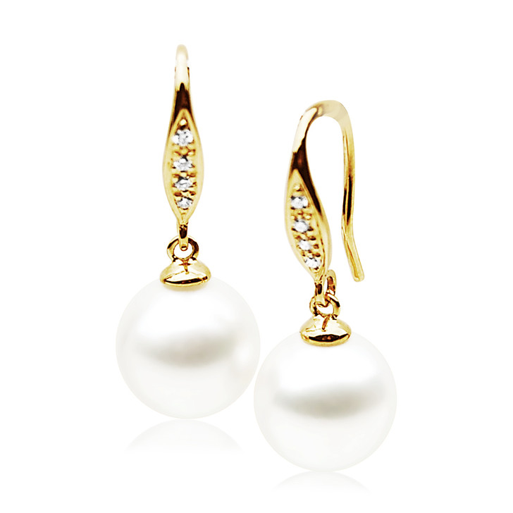 FE032 (AAA 11mm White Freshwater Cultured Pearl Earrings Yellow Gold And Diamonds)