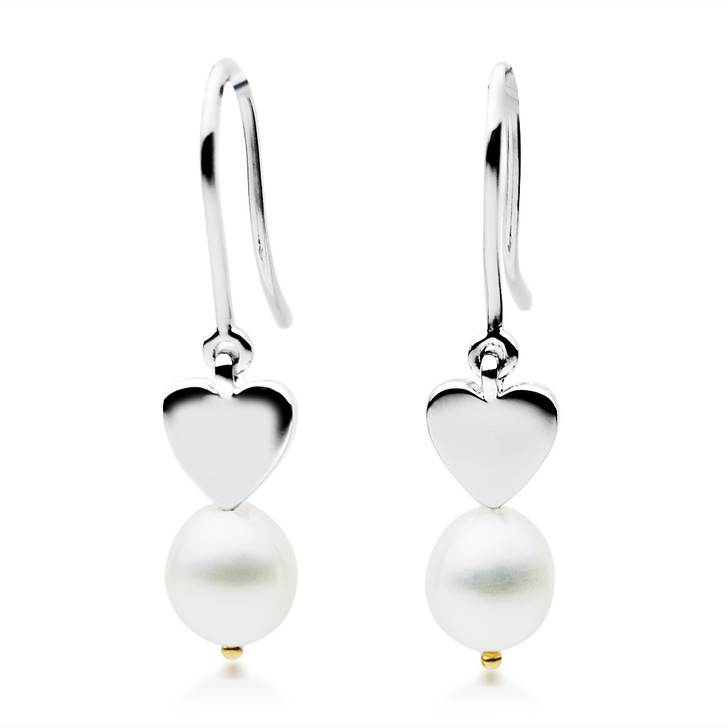 FEG04 (Drop 10x8 mm AAA White Freshwater Cultured Pearl Earrings Set in Silver With 18k (750) Yellow Gold)