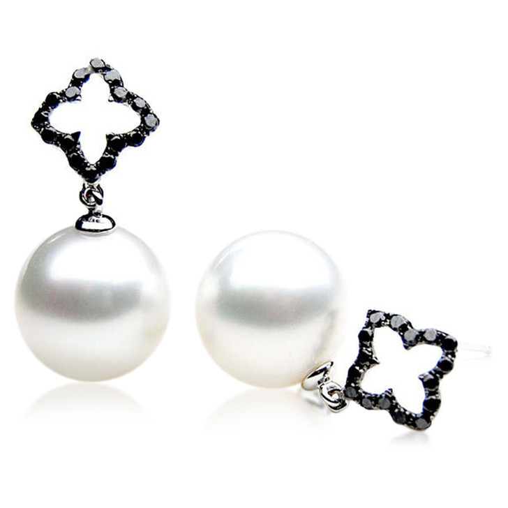 SE091  (AAA 13mm Australian South Sea Pearl Earrings Diamonds in 18k White Gold)