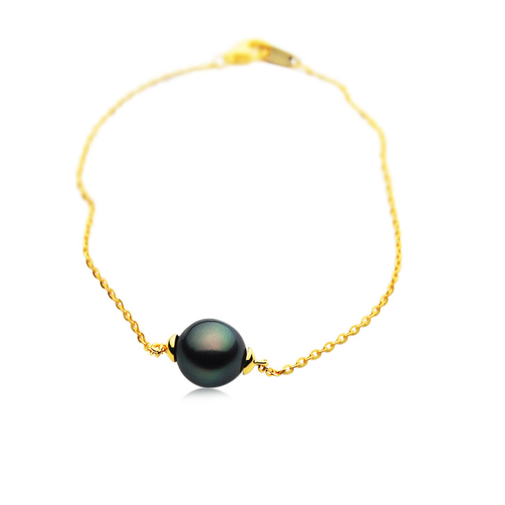TB2 (AAA 10mm Tahitian Black Pearl Bracelet 18k Yellow  Gold Plated on Italy Silver Chain)