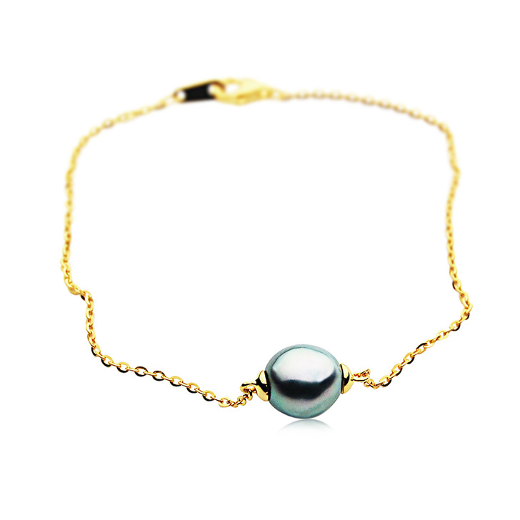 TB4 (AA+ 9mm Tahitian Black Pearl Bracelet 18k Yellow Gold Plated on Italy Silver Chain)