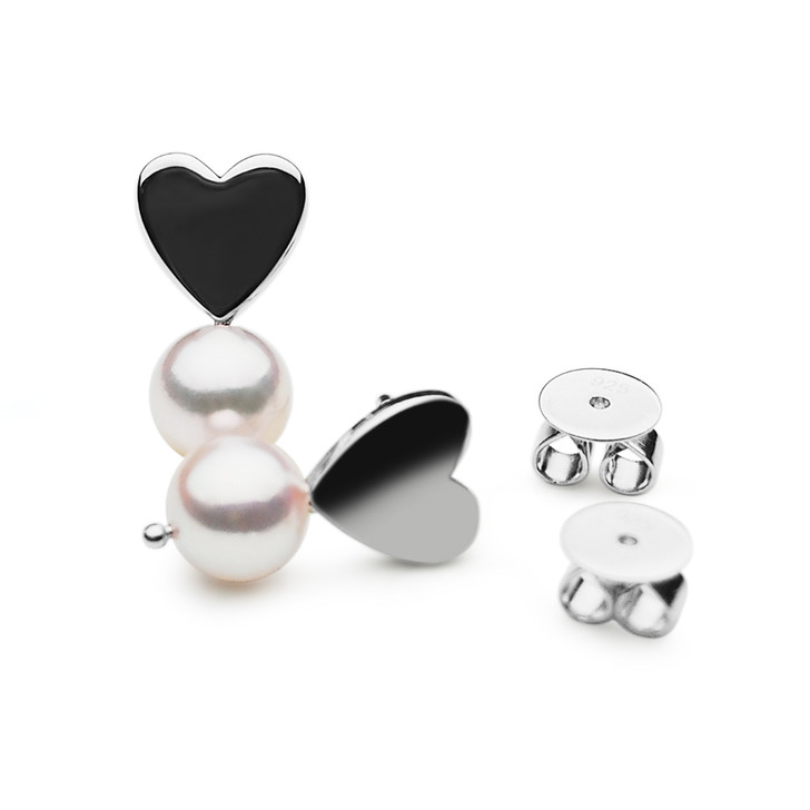 AE05P (AAA 7.5-8mm Japanese Akoya Saltwater Pearl Earrings - Hearts Studs Earrings in Silver with 18K White Gold Points )
