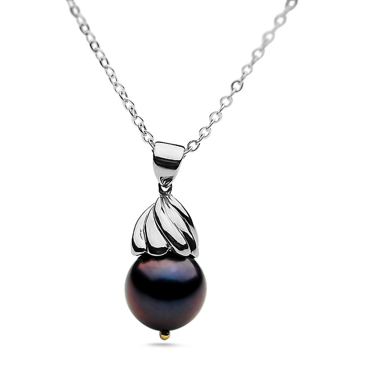 FP08C (AAA 12mm Black Freshwater Cultured Pearl Pendant in Silver and 18K White Gold Points )