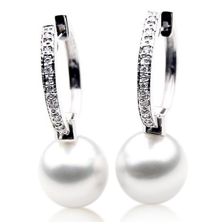 SE103   (AAA 14mm Australian South Sea Pearl Earrings Diamonds 18k White Gold)