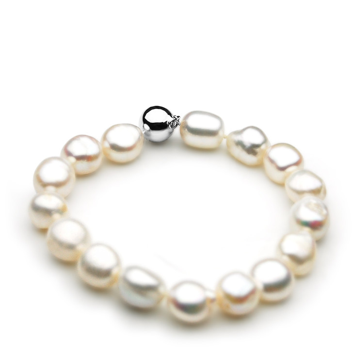 FB034 (A 11 mm Baroque White Freshwater Pearl Bracelet 14k White gold clasp, 8.8" long )