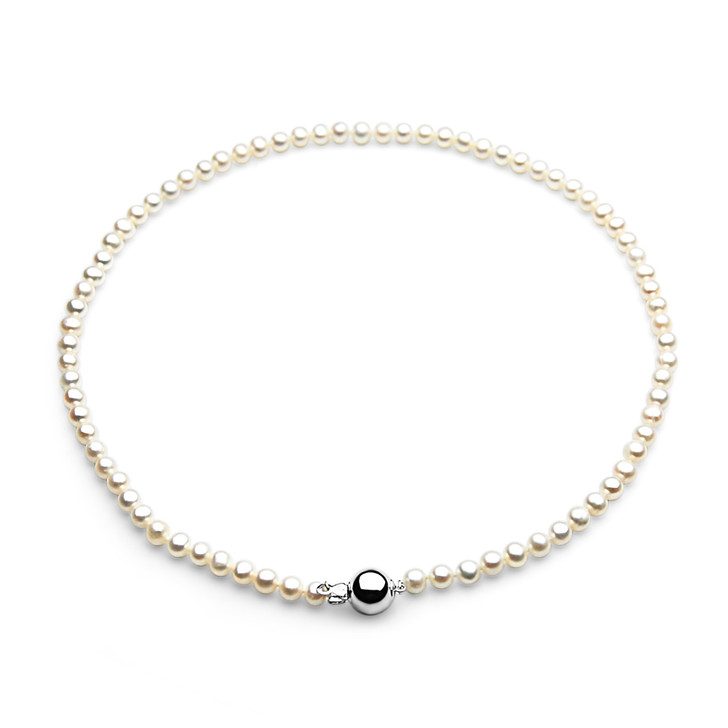 FN049 ( 5mm White Freshwater Cultured Pearl Necklace With White Gold Clasp, 18" long )