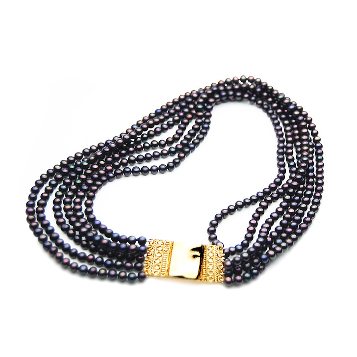 FN059 ( Multi-Strand 5mm Black Freshwater Cultured Pearl Necklace With Heavy 18K Gold Plated Silver Clasp )