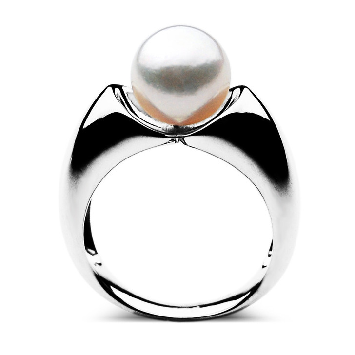 AR07 ( AAA 8 mm White Japanese Akoya Saltwater Pearl Ring in Heavy Silver )