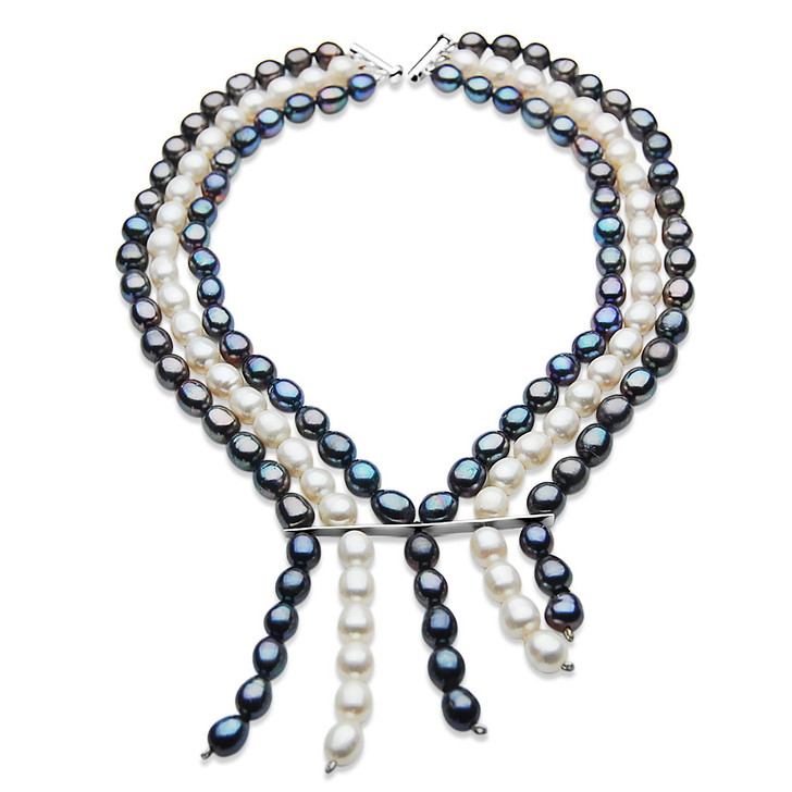 FN060 ( Three Strands 9-11mm AAA Quality White And Black Drop Freshwater Cultured Pearl Necklace )