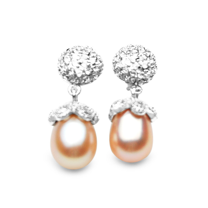 FECZ04 ( 10mm AAA Pink Freshwater Cultured Pearl Earrings Set With Cubic Zirconia 18K White Gold Plated On Silver. )