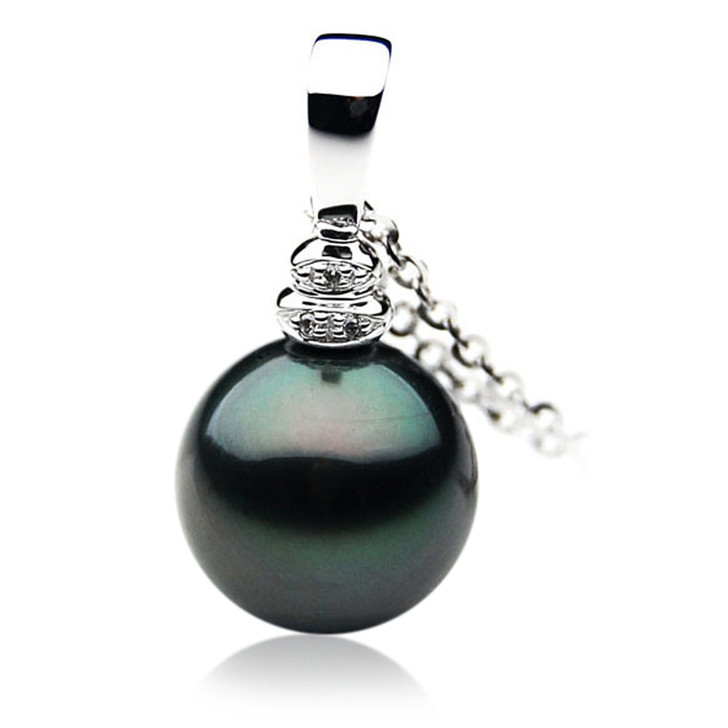 TP057 (AAA 13mm Tahitian Black pearl Pendant and Diamonds in 18k White Gold)