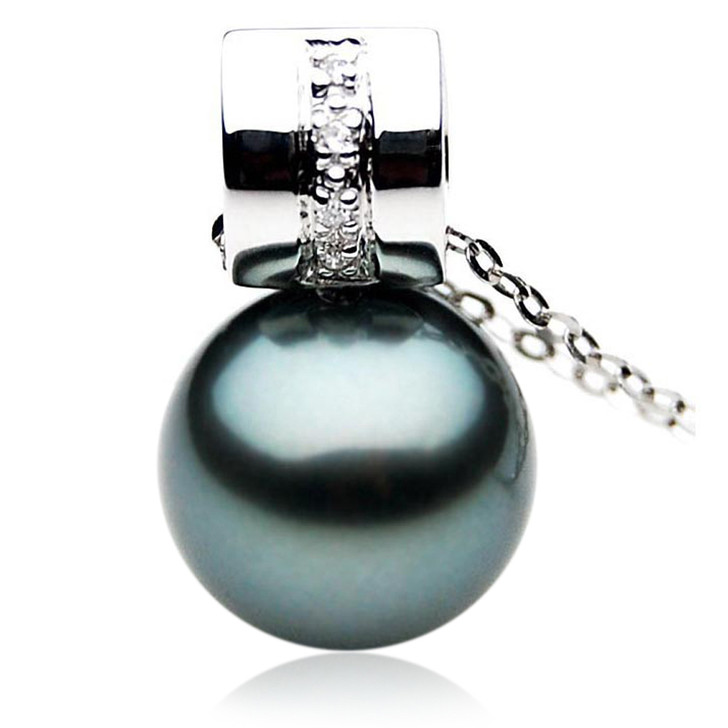 TP065 (AAA 13mm Tahitian Black pearl Pendant and Diamonds in 18k White Gold)