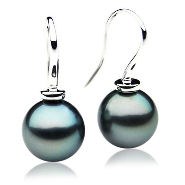 TE011 (AAA 11mm Tahitian Black Pearl Earrings In 18k White Gold )