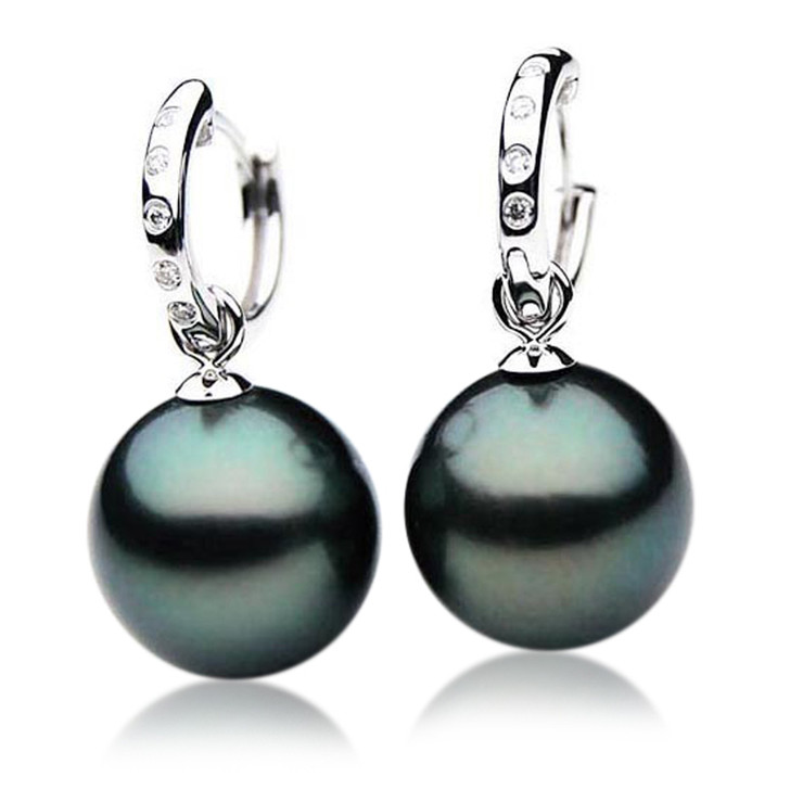 TE065 (AAA 12mm Tahitian Black Pearl Diamond Earrings 18k White Gold )