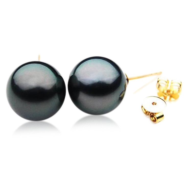 TE074 (AAA 13mm Tahitian Black Pearl Earrings In 18k Gold )