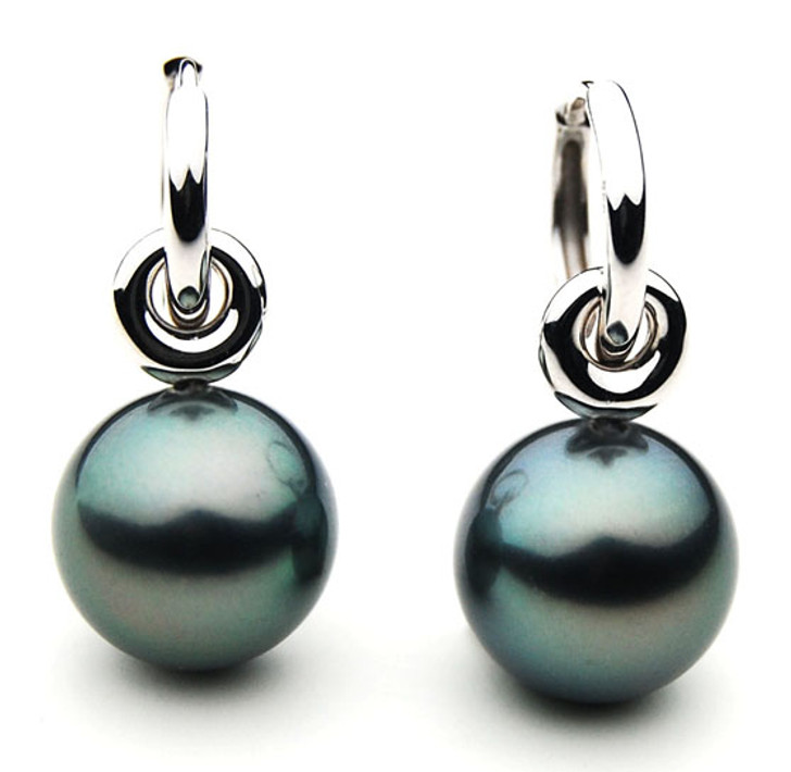 TE085 (AAA 13mm Tahitian Black Pearl Earrings In 18k White Gold )